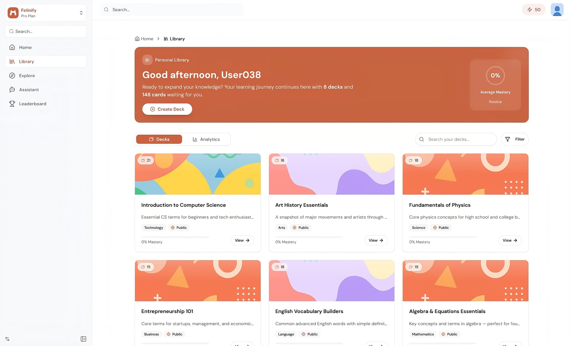 Felinify AI flashcard application interface showing study dashboard